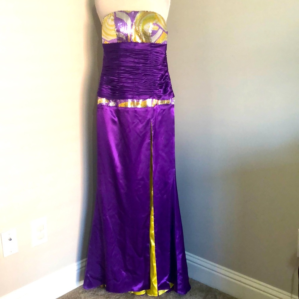 Cire purple and gold strapless gown. - Picture 2 of 9